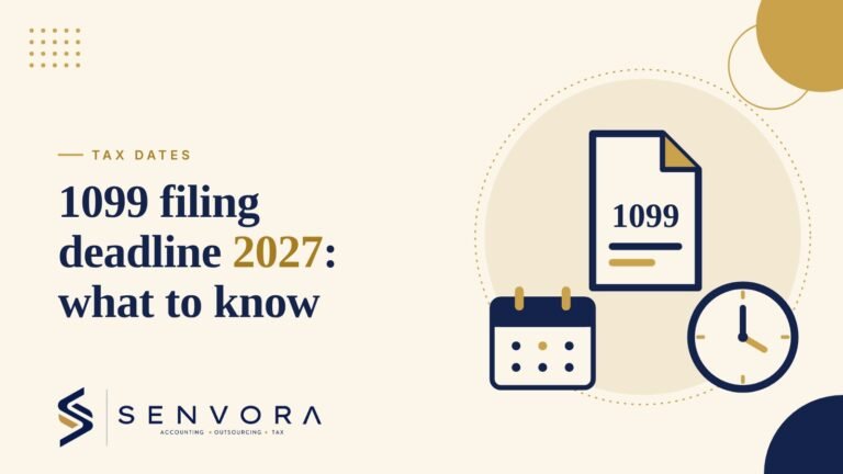 Cover for 1099 Filing Deadline 2027: What Every Business Owner Needs to Know: a 1099 form, a calendar and a clock in navy and gold on a cream background with the Senvora logo