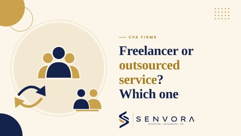Cover for Freelance Bookkeeper vs Outsourced Service: Which One Do You Need?: a group of people, swap arrows and two partners in navy and gold on a cream background with the Senvora logo