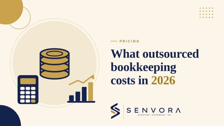 Cover for How Much Does Outsourced Bookkeeping Cost in 2026?: coins, a calculator and a chart in navy and gold on a cream background with the Senvora logo