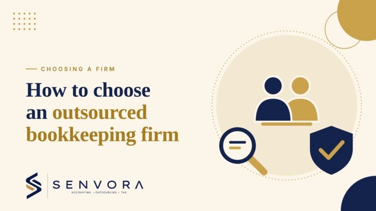 Cover for How to Choose an Outsourced Bookkeeping Firm: two partners, a magnifying glass and a shield in navy and gold on a cream background with the Senvora logo