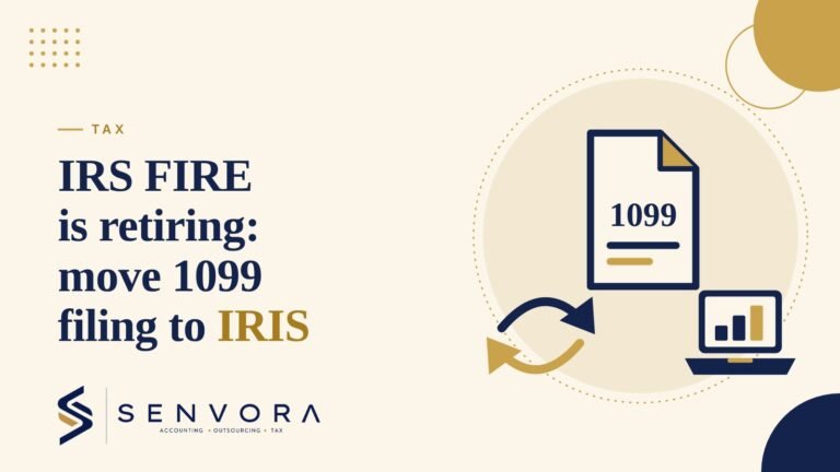 Cover for IRS FIRE System Is Retiring: Move Your 1099 Filing to IRIS: a 1099 form, swap arrows and a laptop in navy and gold on a cream background with the Senvora logo