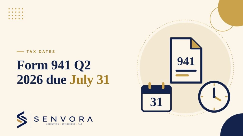 Cover for IRS Form 941 Q2 2026 Deadline (July 31): a Form 941, a July 31 calendar and a clock in navy and gold on a cream background with the Senvora logo