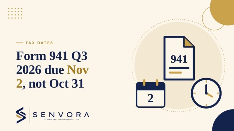 Cover for IRS Form 941 Q3 2026 Deadline: Due Nov 2, Not Oct 31: a Form 941, a November 2 calendar and a clock in navy and gold on a cream background with the Senvora logo