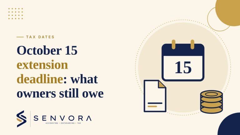 Cover for October 15 Extension Deadline 2026: What Owners Still Owe: an October 15 calendar, a document and coins in navy and gold on a cream background with the Senvora logo