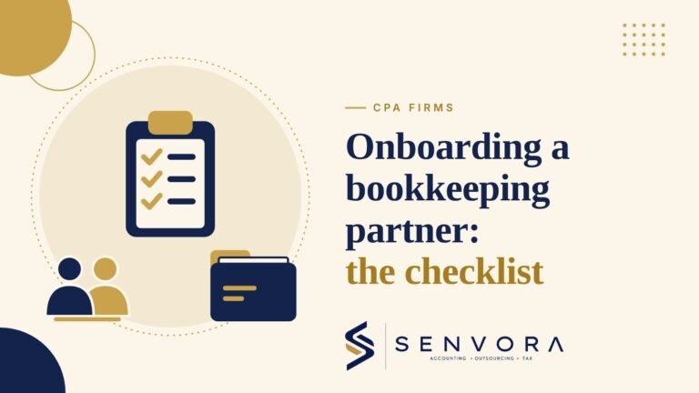 Cover for Onboarding a Bookkeeping Partner: A Checklist for CPA Firms: a checklist, two partners and a folder in navy and gold on a cream background with the Senvora logo