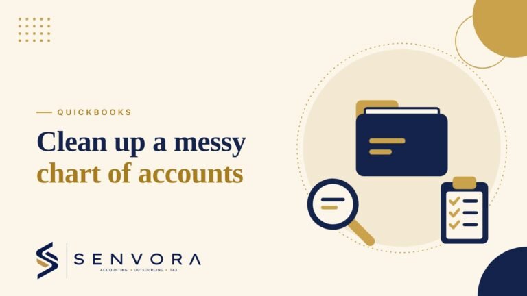 Cover for QuickBooks Chart of Accounts Cleanup: Fix a Messy File: a folder, a magnifying glass and a checklist in navy and gold on a cream background with the Senvora logo