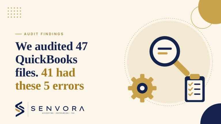 Cover for We Audited 47 QuickBooks Files. 41 Had These 5 Setup Errors.: a magnifying glass, a gear and a checklist in navy and gold on a cream background with the Senvora logo