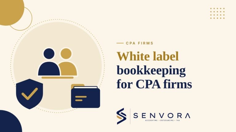 Cover for White Label Bookkeeping for CPA Firms: How It Works and What to Ask: two partners, a shield and a folder in navy and gold on a cream background with the Senvora logo
