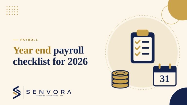 Cover for Year End Payroll Checklist for Small Businesses 2026: a checklist, a stack of coins and a December 31 calendar in navy and gold on a cream background with the Senvora logo